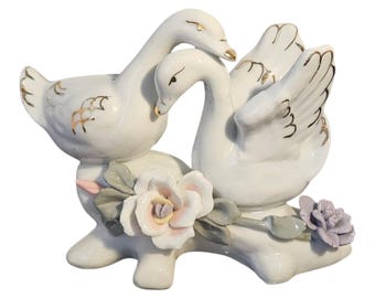 Porcelain Vintage Swan Figurine with Gold Trim and Floral Accents – Elegant Collectible Décor