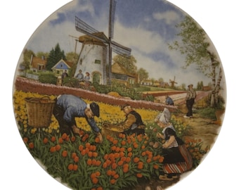 Vintage Royal Schwabap Holland decoratief wandbord – Nederlandse tulpenoogst, windmolenscène – 19,5 cm