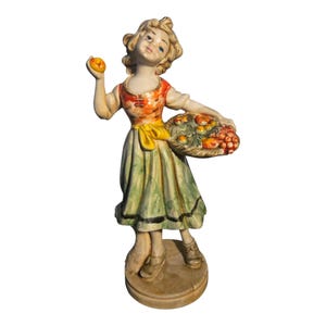 Vintage Ceramic Girl Figurine with Fruit Basket – Hand-Painted European Figurine – Mid-Century Home Decor