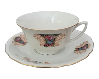 Vintage Tschechoslowakei Porzellan Teetasse & Untertasse | Floral Teetassen-Set | Goldrand China | Rosa Rose Kaffeetasse | 10 cm große Tasse