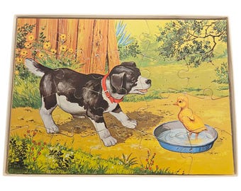 Vintage King Junior Jigsaw Puzzle – Dog & Duck Illustration, 1970s
