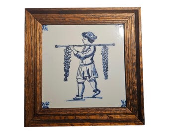 Vintage Delft Blue Tile – Farmer with Grapes, Holland Wall Decor