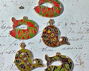 REDUCED Set of 5 enamel vintage fish charms new old stock Taiwan brown copper FREE SHIPPING5