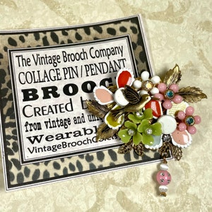 Vintage collage brooch pin rhinestone hummingbird flowers springtime pendant