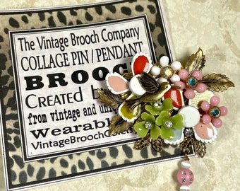 Vintage collage brooch pin rhinestone hummingbird flowers springtime pendant