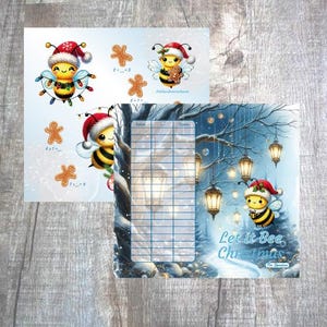 Könnte beinhalten: Zwei weihnachtliche Illustrationen mit Cartoon-Bienen, die Weihnachtsmützen tragen. Eine zeigt Bienen mit Lebkuchenmännern und Matheaufgaben. Die andere hat eine Biene mit Laternen und dem Text "Let it Bee Christmas".