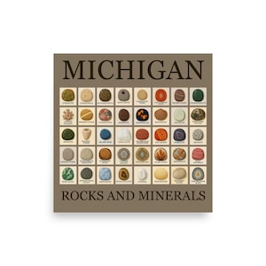 May include: A square print displaying a grid of diverse rocks and minerals, each identified by its name. The word "MICHIGAN" is at the top, with "ROCKS AND MINERALS" at the bottom. The background is a muted brown colour.