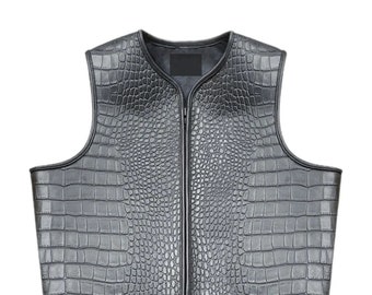 New Men's Crocodile Leather Vest, Alligator Style Vest, Biker Vest, Motorcycle Vest, Black Real Leather Vest, Gift For Him