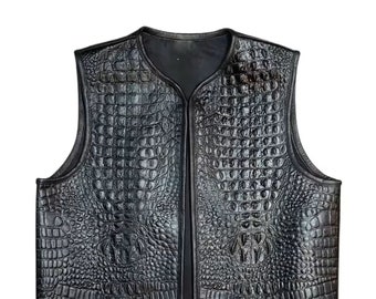 New Men's Black Crocodile Leather vest, Biker vest, Custom Motorcycle Vest, Real Leather Waistcoat, Gift For Him