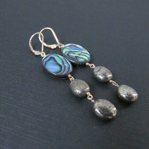 Abalone and Pyrite Earrings on 14k Gold Filled Lever Back Ear Wires, Boho Jewelry