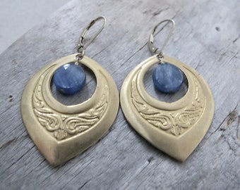 Kyanite and Brass Earrings 14K Gold Filled Ear Wires, Embossed Dangles, Gold and Blue Jewelry