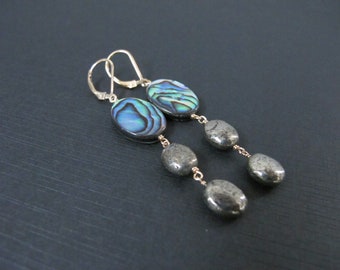 Abalone and Pyrite Earrings on 14k Gold Filled Lever Back Ear Wires, Boho Jewelry