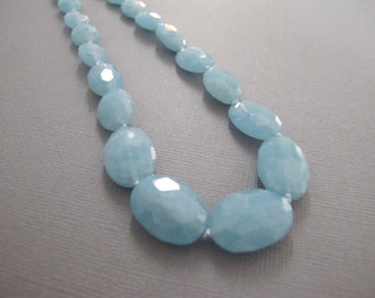 Chunky Aquamarine Necklace on Silk Cord and 14K Gold Filled, Genuine Gemstone