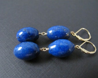 Lapis Earrings, 14K Gold Fill Lever Back, Navy Blue Gemstone Earrings