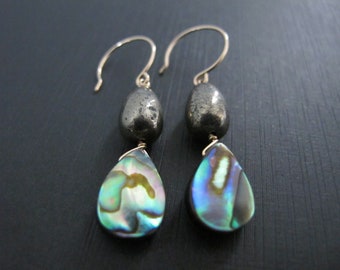 Pyrite and Abalone Dangles, Duo Teardrop Earrings, Boho Earrings