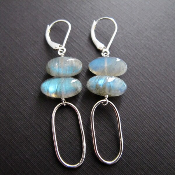Labradorite Sterling Silver Earrings, Lever Back Ear Wires, Oval Hoop Dangles