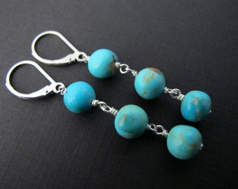 Turquoise Dangle Earrings, Sterling Silver Blue Gemstone Earrings