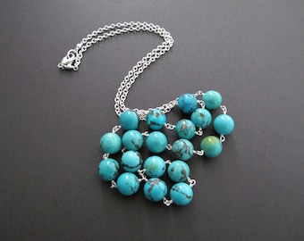 Blue Turquoise Necklace With Black Veining, Sterling Silver Chain Necklace