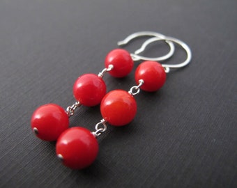 Red Coral Earrings, Sterling Silver Dangles, Gift for her