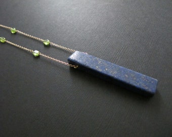 Lapis Rectangle Pendant Necklace with Peridot on 14K Gold Filled
