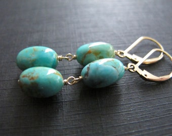 Kingman Turquoise Nugget Earrings, 14k Gold Filled Lever Back