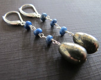 Pyrite and Lapis Earrings, Boho Dangles, Sterling Silver Lever Back