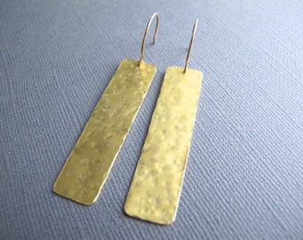 Brass Rectangle Earrings, Geometric Hammered Dangles, 14k Gold Filled Ear Wires