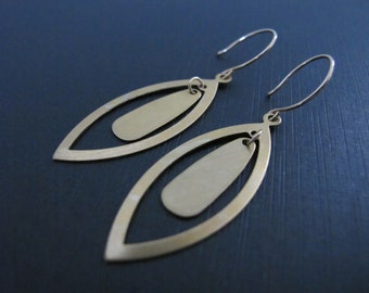 Geometric Brass Earrings, Almond Hoops, 14K Gold Filled Ear Wires