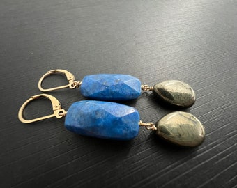 Lapis and Pyrite Earrings, 14k Gold Filled Dangles, Gift for Her