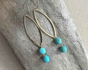 14k Gold Filled Hoop Earrings with Turquoise Dangles, Simple Boho Jewelry