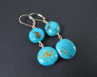 Large Turquoise Nugget Earrings, 14k Gold Filled Lever Back Ear Wires, December Birthstone