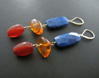 Lapis, Amber and Carnelian Dangle Earrings, 14k Gold Filled Ear Wires, Gift For Her