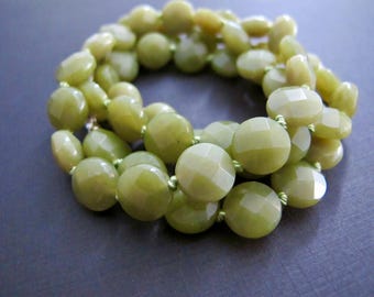 Olive Green Jade Necklace, Long Coin Shaped Bead Necklace