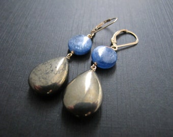 Geometric Kyanite and Pyrite Dangles, 14K Gold Filled Lever Back Ear Wires