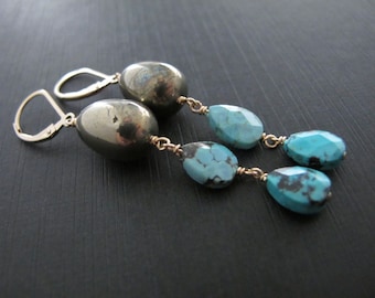 14k Gold Filled Lever Back Earrings, Pyrite and Turquoise Dangles