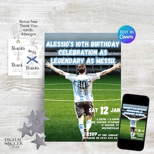 Messi birthday editable invitation, edit in Canva, soccer birthday invite, soccer themed birthday party, football, instant digital download