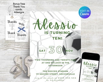 Soccer birthday editable invitation, soccer birthday invite, soccer themed birthday party, football, instant digital download, edit in Canva