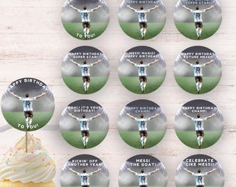 Messi birthday cupcake toppers; printable soccer party decorations; goat football, instant digital download, all ages; soccer birthday