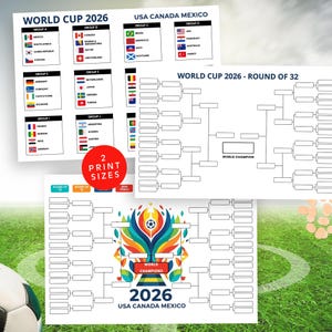 May include: A collection of printed charts and brackets for the 2026 World Cup, including group standings and tournament brackets. The charts feature team flags and the text "USA CANADA MEXICO". The image also includes the text "2 Print Sizes".
