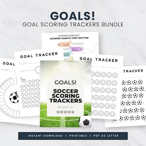 Puede incluir: Un paquete de rastreadores de goles de fútbol con la palabra "GOALS!" en la parte superior. El paquete incluye varias hojas imprimibles con gráficos de balones de fútbol y gráficos de seguimiento de goles. El texto "SOCCER SCORING TRACKERS BUNDLE" también es visible.