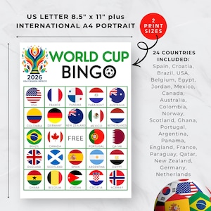 May include: A World Cup Bingo game print, sized at 8.5" x 11", featuring flags of 24 countries. The design includes the text "World Cup Bingo" and "2026 USA Canada Mexico".