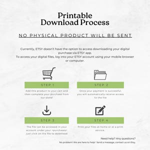 May include: A graphic with the text "Printable Download Process" and instructions for downloading digital files from Etsy. The steps are numbered and include icons for a shopping cart, file folder, download arrow, and pencil.