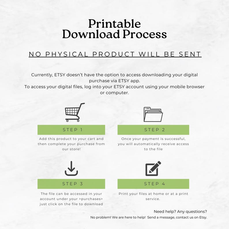 May include: A graphic with the text "Printable Download Process" and instructions for downloading digital files from Etsy. The steps are numbered and include icons for a shopping cart, file folder, download arrow, and pencil.