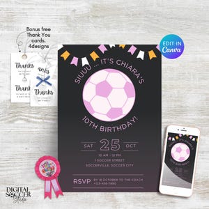 Invitation de fête de filles modifiable Canva d'anniversaire de football, invitation d'anniversaire de football, fête de football, invitation numérique de fête d'enfants, 5 x 7 noir et rose