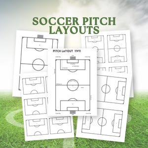 May include: A collection of white paper sheets displaying black and white soccer pitch layouts. The text "SOCCER PITCH LAYOUTS" is printed in green at the top. One sheet is labeled "PITCH LAYOUT 11V11". The background is a blurred image of a soccer field.
