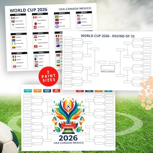 Puede incluir: Varios gráficos y tablas impresos para el torneo de la Copa del Mundo 2026, con banderas de equipos y diagramas de torneos. El texto "World Cup 2026 USA Canada Mexico" está presente. Un balón de fútbol y un campo verde también están presentes.
