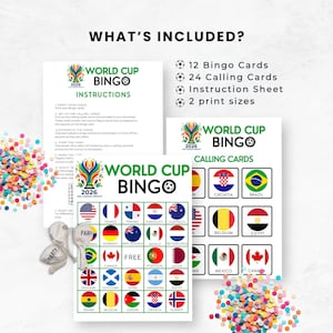 May include: A World Cup Bingo game set with instructions, calling cards, and bingo cards. The set includes cards with country flags and the text "World Cup Bingo 2026". Colorful confetti is scattered around the cards.