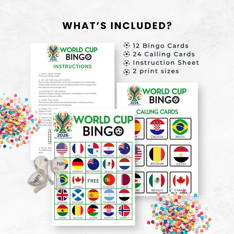 May include: A World Cup Bingo game set with instructions, calling cards, and bingo cards. The set includes cards with country flags and the text "World Cup Bingo 2026". Colorful confetti is scattered around the cards.