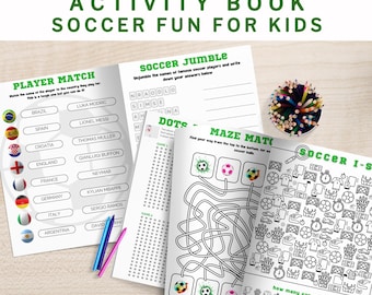 Libro de actividades de fútbol imprimible, fútbol para niños, actividad deportiva de cumpleaños, fútbol imprimible, juegos de fútbol, descarga digital instantánea
