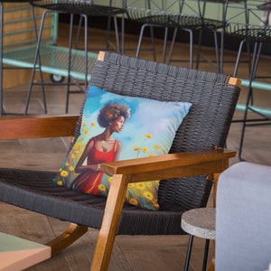 Sisters in Bloom Series 3: Black Women In A Journey Through Wildflower Fields Spun Polyester Square Pillow